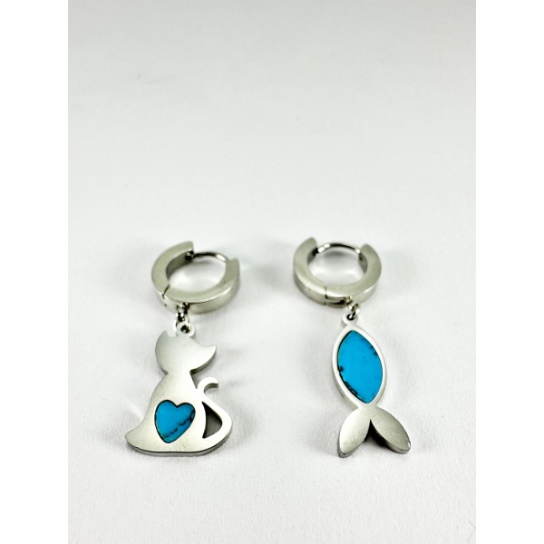 Gümüş Kedi Ve Balık Detaylı Küpe Gümüş Kedi Ve Balık Detaylı Küpe